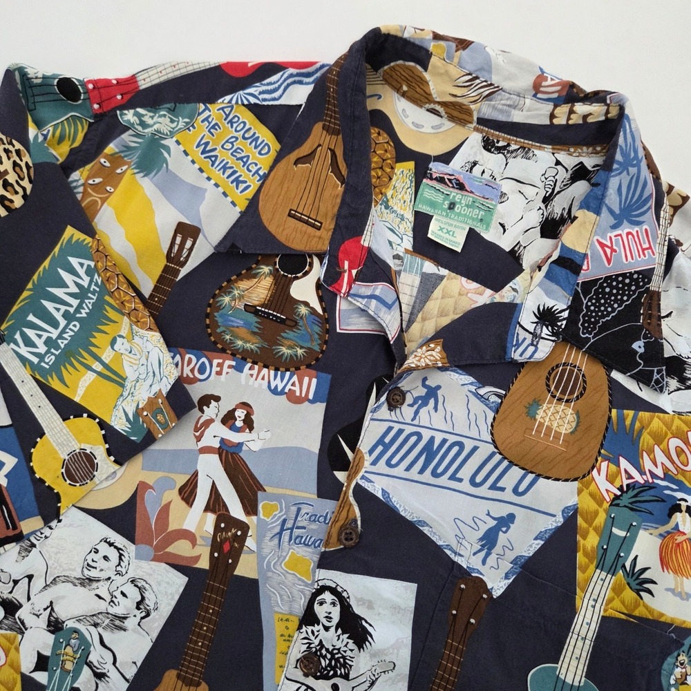 Reyn Spooner Shirt Multicolor Postcard Ukulele‎ Print Rayon Mens XXL